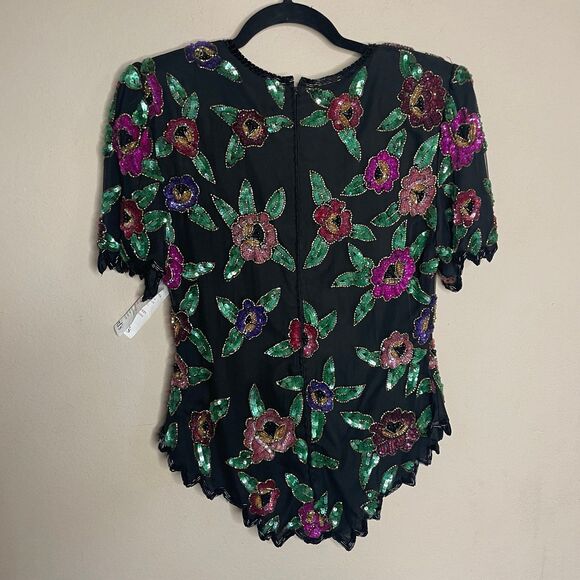 NWT VTG Laurence Kazar Multi-Color SILK sequins beaded blouse top size small - Picture 5 of 6